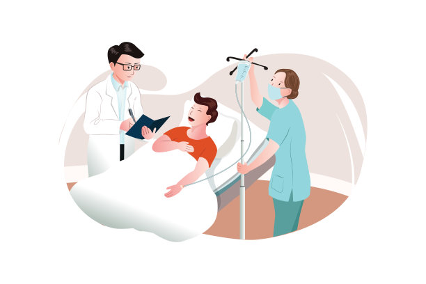 生病的年轻人躺在医院里，带着滴管，就在医生和护士的旁边。图片下载