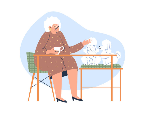 老奶奶在咖啡馆里和狗一起吃饭，白色背景上的扁平插图图片下载