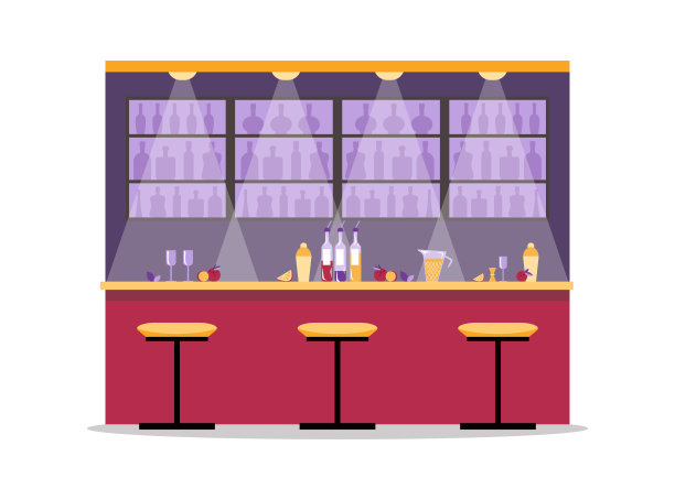 酒吧或酒吧柜台与酒精饮料，平面矢量插图孤立。图片下载