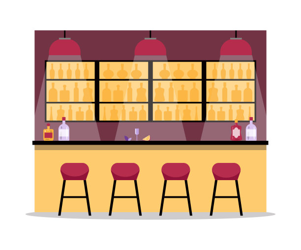 吧台内部设有椅子、酒瓶和平板式货架图片下载