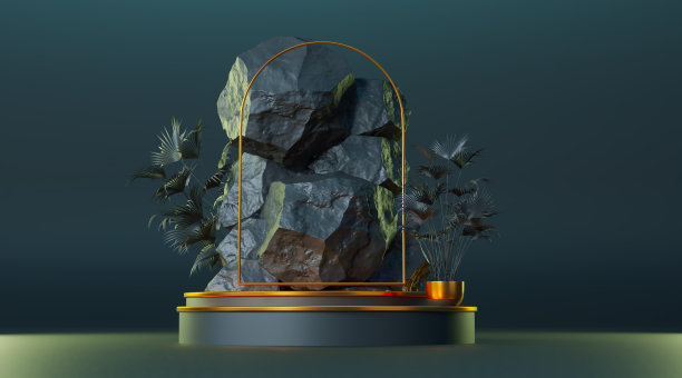 用于产品展示的气缸基座。站产品模型。黑色概念，黑色几何石头和岩石形状背景，图片下载