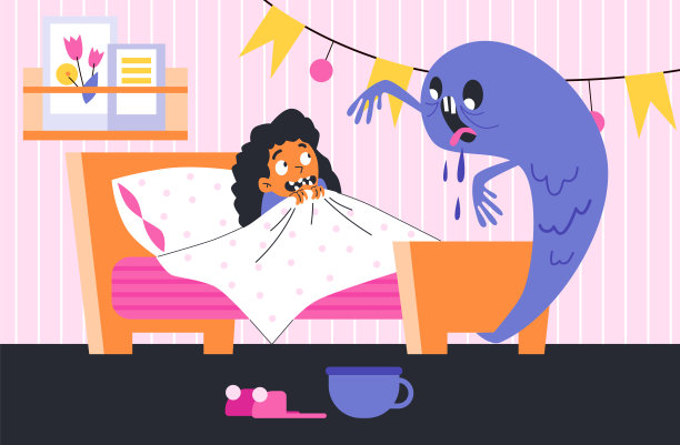 孩子因为害怕怪物而睡不着，平面矢量插图。图片下载