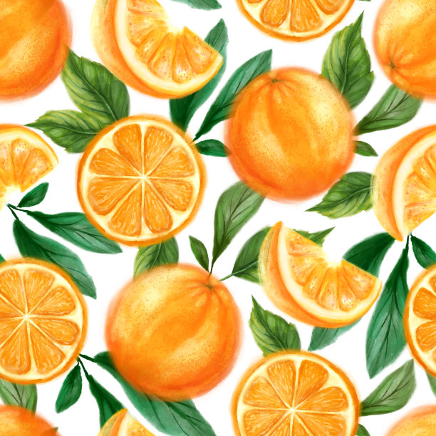 多汁的橘子无缝图案。明亮的水彩风格的夏季设计。图片下载