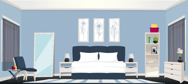 带有窗户的极简主义卧室的矢量卡通室内图片下载