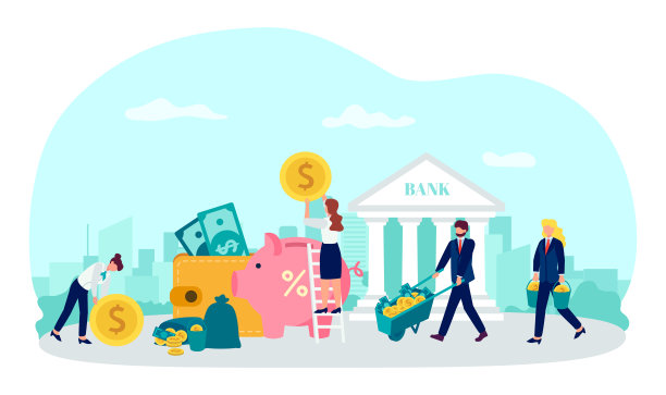 投资的概念。卡通男人和女人用手推车、水桶和袋子把钱放到存钱罐里图片下载
