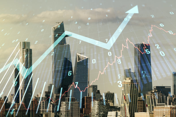 多重暴露的虚拟抽象金融图和向上的箭头对曼哈顿的城市景观背景，金融和交易的概念图片下载