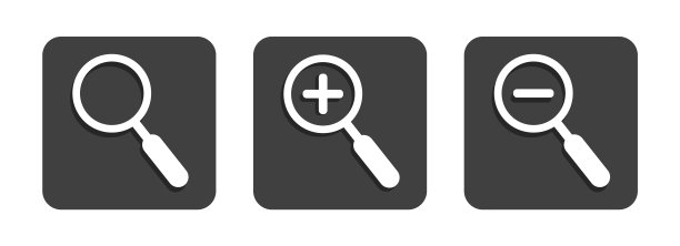 白色放大镜，放大，缩小图标设置。深灰色的背景与阴影。图片下载
