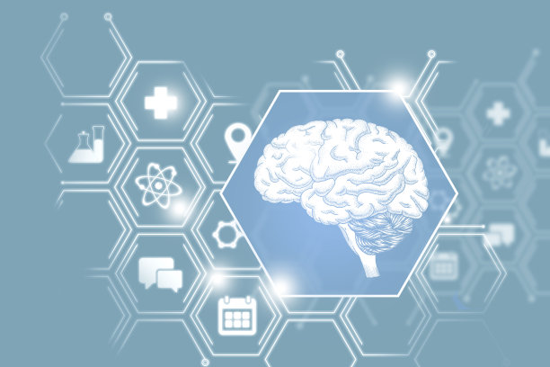 用六边形分子标记的脑器官图解。医疗保健概念背景与医学图标。图片下载