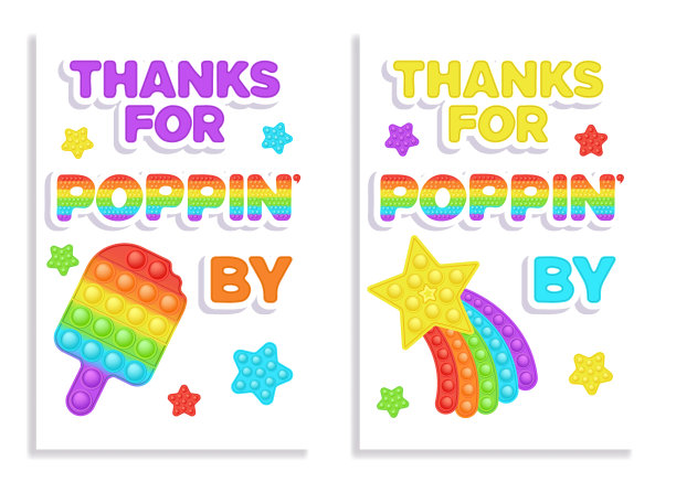 一套2生日Popit彩虹青睐卡在坐立不安的玩具风格。Pop it party设计为一个时髦的硅胶玩具坐立不安在明亮的颜色。泡泡星和冰淇淋的优惠标签礼品包装。矢量插图。图片下载