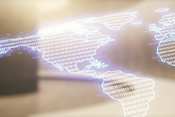 在空房室内背景、大数据和数字技术概念上双重曝光图形美国地图全息图图片下载