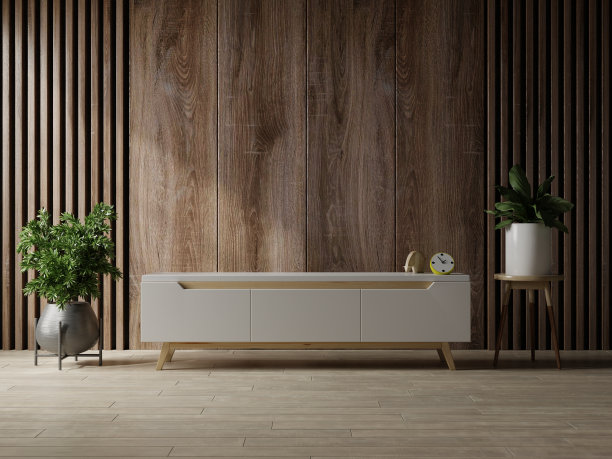 现代客厅的电视LED橱柜上的木墙背景。图片下载