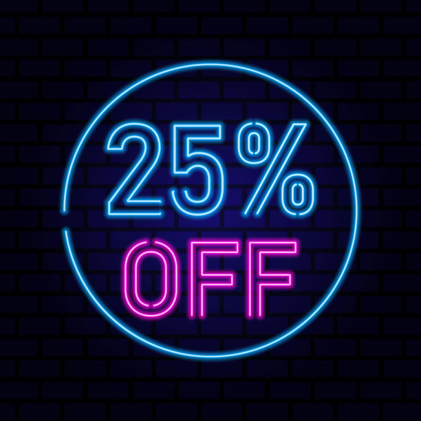 25%销售发光霓虹灯标志。矢量插图。图片下载