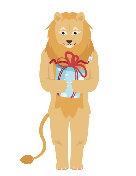 狮子抱着礼物。图片下载