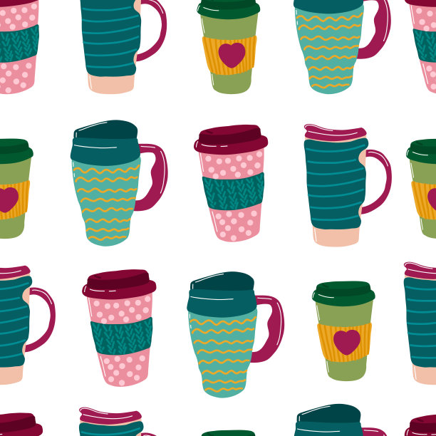 咖啡走无缝模式。热杯带走咖啡。咖啡要走。带帽、柄吸管的玻璃杯。可重用的杯子杯。矢量保温瓶插图孤立在白色背景。卡通风格。图片下载