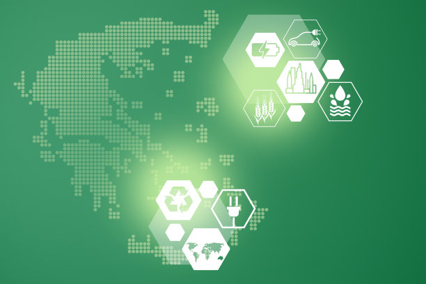 节能的概念。能源创新与未来工业发电图标图形界面。绿色背景的交互式希腊地图图片下载