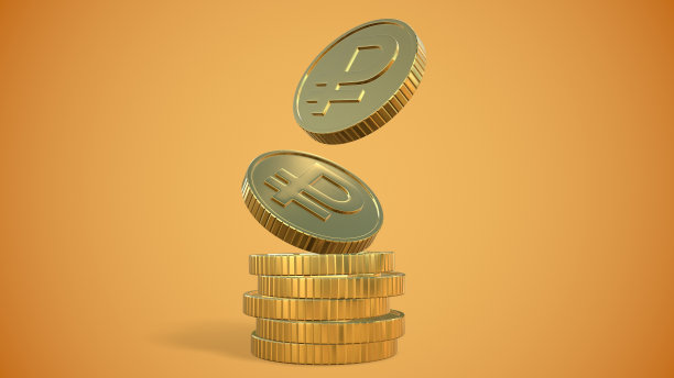 一个金币。金色背景上的俄罗斯卢布。3 d渲染图片下载