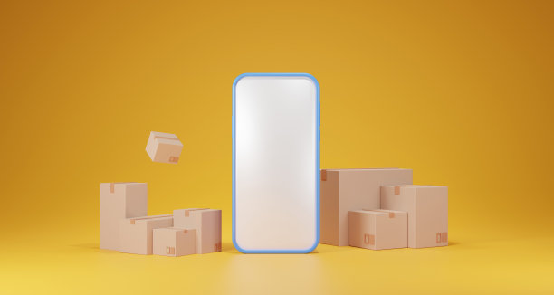 3d物流服务应用概念，全球物流网络，智能手机，黄色背景包装。3 d渲染。图片下载