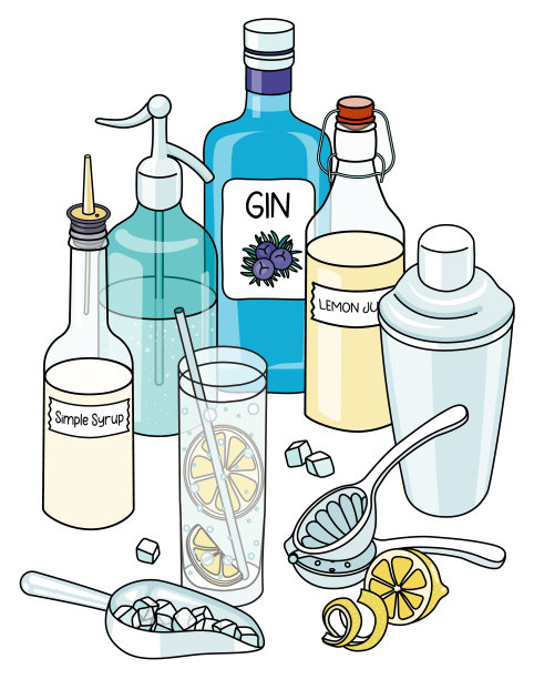 时尚的手绘涂鸦卡通风格的杜松子汽酒组合。一瓶杜松子酒、糖浆、苏打水虹吸管和柠檬。对于酒吧菜单，烹饪书食谱，贴纸或卡片图片下载