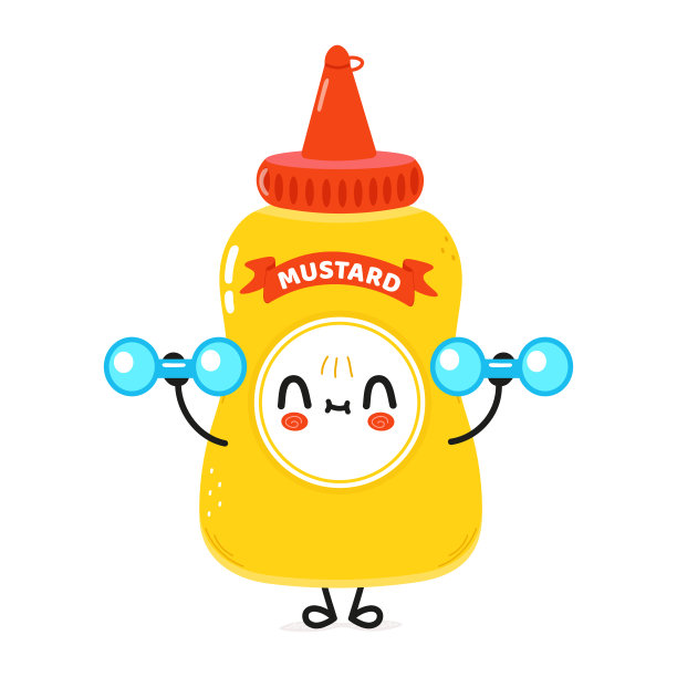 带哑铃的可爱有趣的芥末酱角色。矢量手绘卡通卡哇伊人物插图图标。孤立在白色背景。芥末瓶中的人物健身房概念图片下载