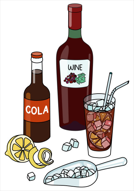 时尚的手绘涂鸦卡通风格的西班牙夏天Kalimotxo又名Calimocho鸡尾酒组合。一瓶红酒，可乐和柠檬。对于酒吧菜单，烹饪书食谱，贴纸或卡片。图片下载