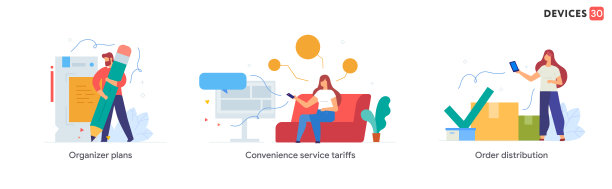 人们使用智能手机，快递，航班，组织者，房子，关税，社交网络的图标集，插图。智能手机平板电脑用户界面社交媒体。平面插图图标信息图形。登陆页网站打印海报。图片下载