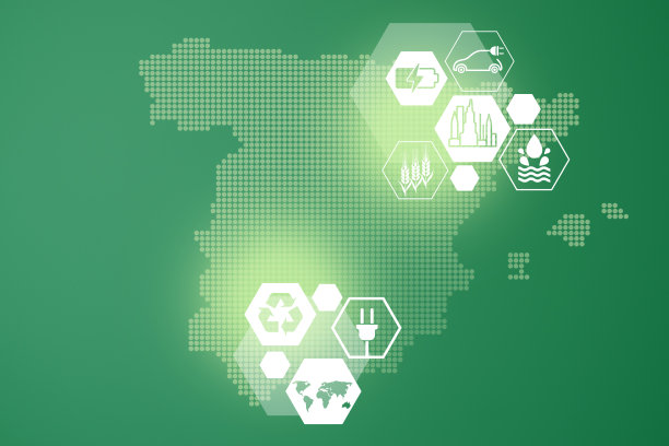 节能的概念。能源创新与未来工业发电图标图形界面。绿色背景的西班牙互动地图图片下载