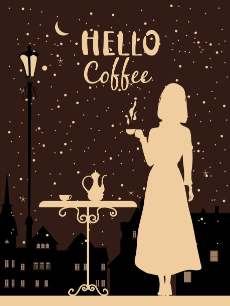 你好咖啡轮廓优雅的女孩与杯图片下载