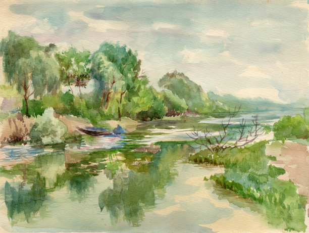 在多云的春日里，用水彩画出了风景如画的小河、船和老树图片下载