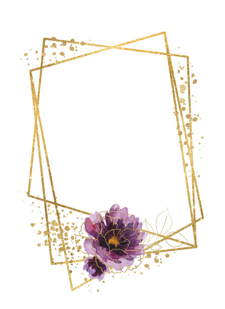 几何金色框架与水彩紫色和金色牡丹花朵插图图片下载