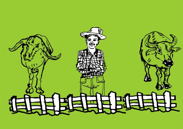 牛，人，篱笆，农舍和 农场日常活动。图片下载