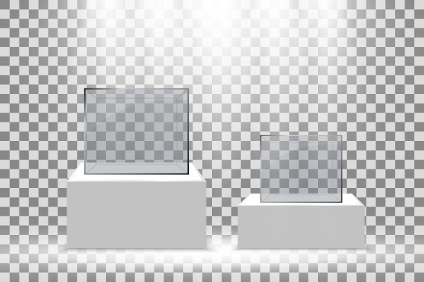 白色支架上的现实玻璃盒子或容器。矢量插图。图片下载