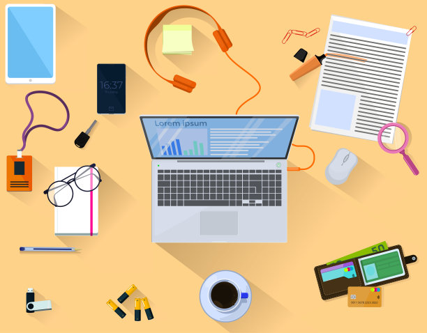 周围有许多办公用品的开放式电脑图片下载