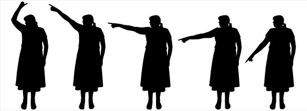 一个女人举起手，手指指向不同的方向。指定一个方向。女人一动不动地站成一排。前视图。五个黑色女性的剪影孤立在白色上图片下载