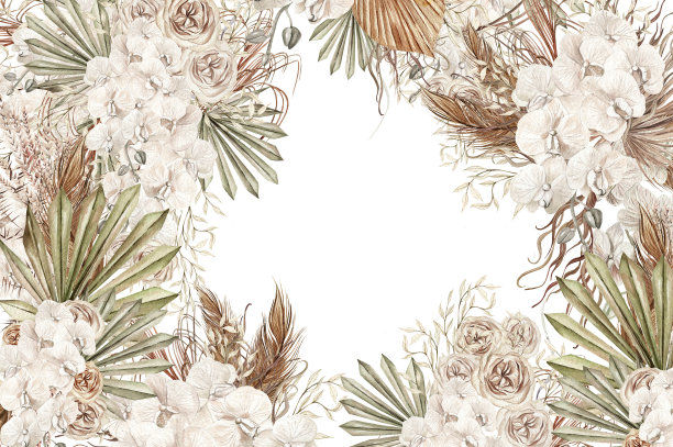 水彩波西米亚卡手绘热带花朵的干棕榈叶，潘帕斯的树枝和花朵。图片下载