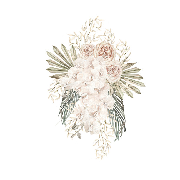 水彩婚礼波西米亚花束与手绘热带花卉兰花和干棕榈叶，潘帕斯树枝和玫瑰花。图片下载