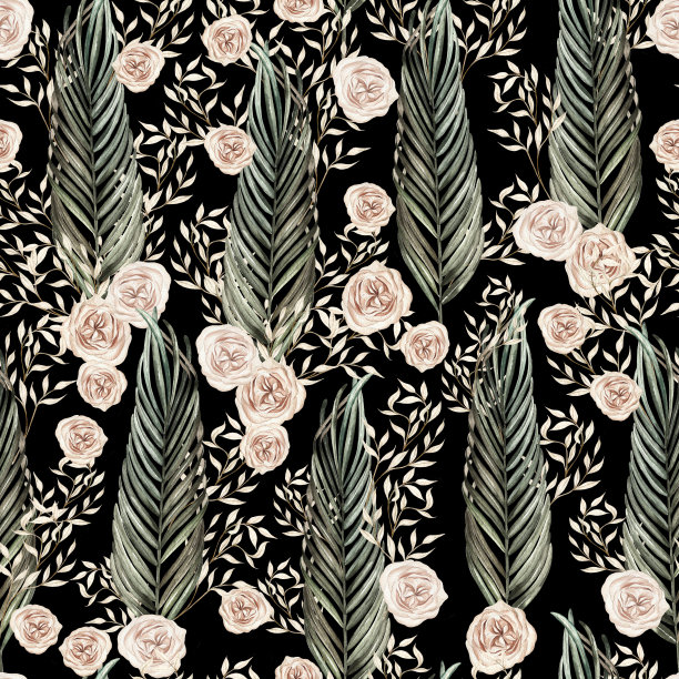 水彩波西米亚无缝图案手绘热带树叶，树枝和玫瑰花。图片下载