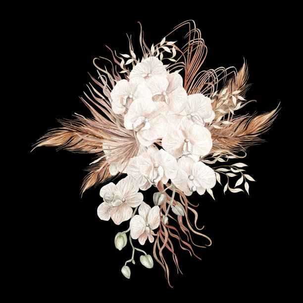 水彩婚礼波西米亚花束与手绘热带花卉兰花和干棕榈叶，潘帕斯树枝和玫瑰花。图片下载