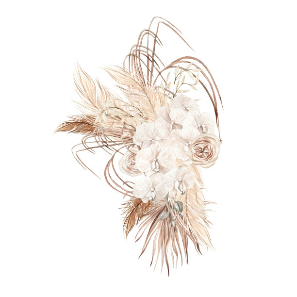 水彩婚礼波西米亚花束与手绘热带花卉兰花和干棕榈叶，潘帕斯树枝和玫瑰花。图片下载