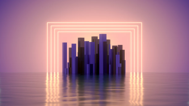 抽象的城市未来背景与霓虹灯天空和大海的城市景观图片下载