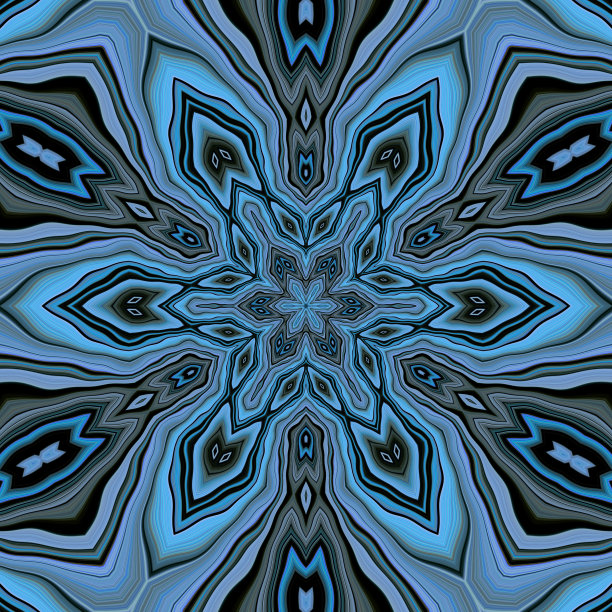 六角形万花筒设计，黑色背景上有明亮的蓝色和灰色条纹图片下载