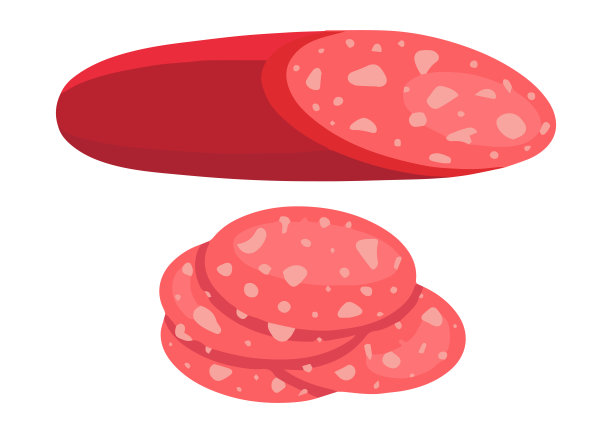 香肠肉分类。肉店的产品。香肠、烟熏小肚、烧烤肉排、意大利腊肠、自制培根、肉饼、培根里脊、炸鸡、五花肉、牛腿。孤立的平面上的白色背景。矢量图图片下载