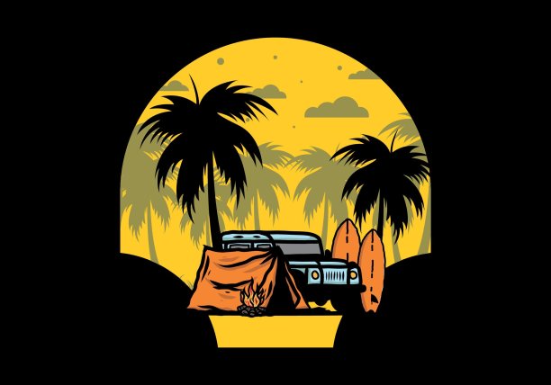 在海滩上和越野车露营图片下载