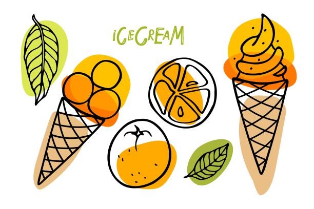 橙色的新鲜度。冰淇淋种类，橘子水果，切片水果，薄荷叶手绘草图。夏天美味甜点。明亮的夏日甜食。向量为咖啡馆，餐厅菜单，食谱。图片下载