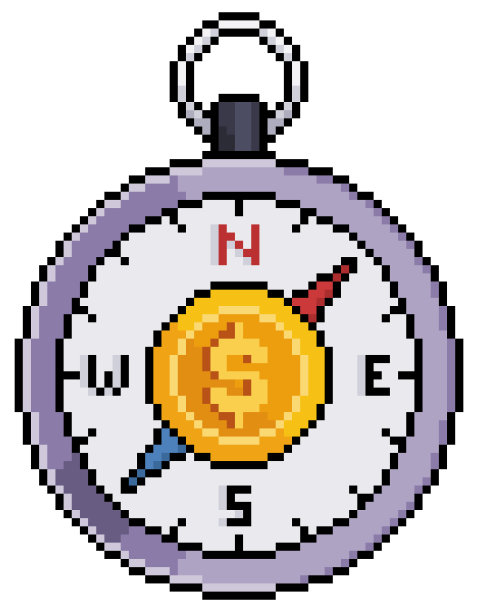 像素艺术罗盘与硬币矢量图标的8位游戏图片下载