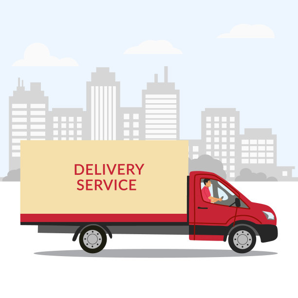 股票矢量手绘平面插图，快递员在城市背景上驾驶送货卡车图片下载