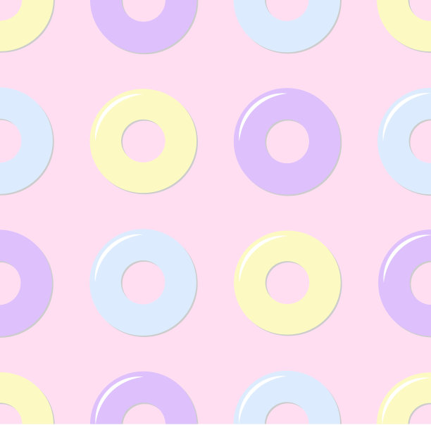 戒指的紫色，黄色，浅绿色甜甜圈在粉红色的背景在柔和的颜色风格。无缝模式矢量插图。图片下载