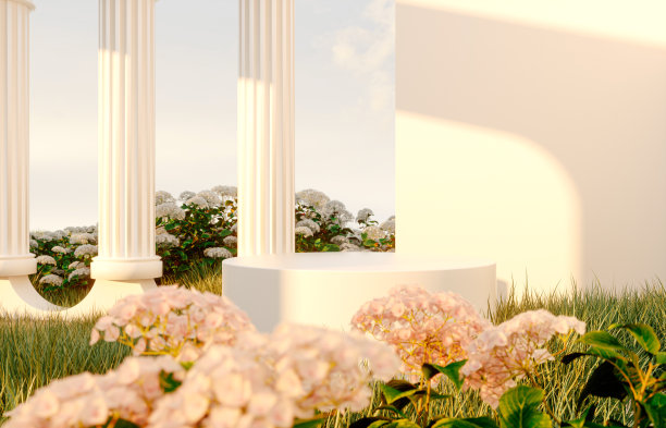 抽象的春夏山水景象以几何形式呈现。湖和花景。图片下载