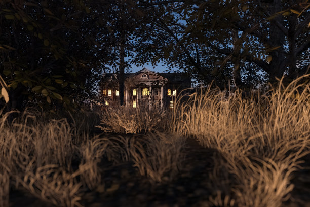 可怕的破旧的历史庄园，黎明时窗户有灯光。3 d渲染。图片下载