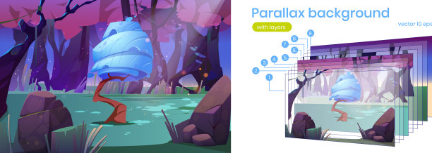 视差背景2d景观与幻想树图片下载