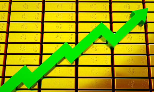 999.9根金条堆叠在一起。很多黄金和绿箭在股市概念上，呈上升趋势，价格上涨在投资。投资于稳定资产是众多投资者之一。三维渲染图片下载